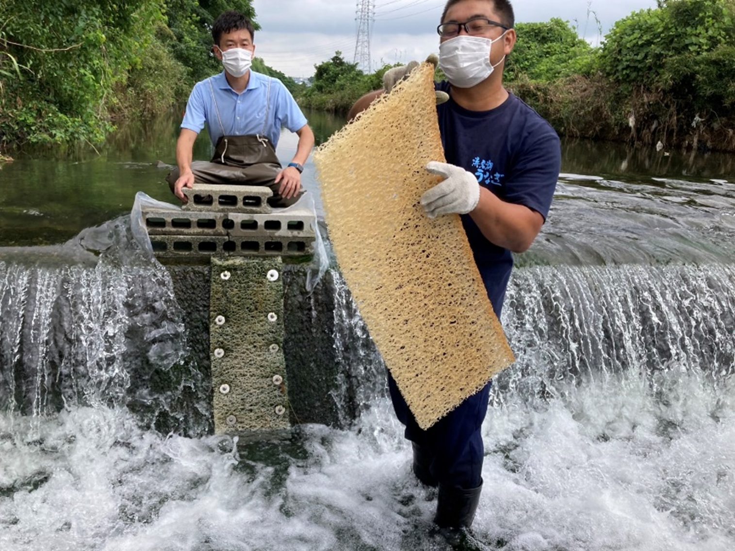 堰で作業するようす